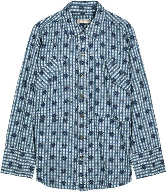 Free People Hidden Flower Camo Checked Cotton Shirt - Navy - L (UK16-UK18 / L)