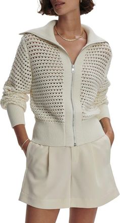 Varley Eloise Open Stitch Cotton Zip-Up Cardigan in Egret at Nordstrom, Size Xx-Small