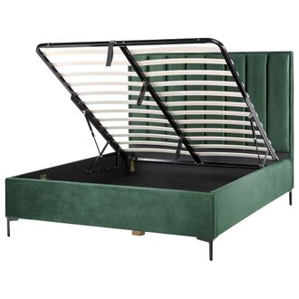 Beliani Cama Con Almacenaje Cabecero Acolchado Patas Negras Metal Terciopelo Verde Oscuro 160 X 200 Cm Sezanne