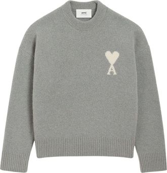 Ami Big Heart Logo Alpaca Crewneck Sweater Grey Off-White UKS836-KN0135-058