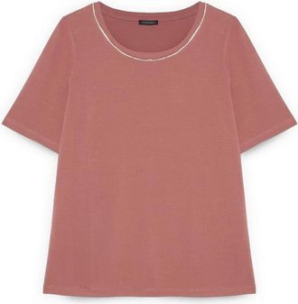 Fiorella Rubino Katoenen T-shirt met Lichtgevende Applicaties - Dames - T-shirts - Roze - XL - Katoen - Tops