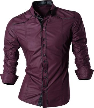 Jeansian Casual Button-Down Shirts Long Sleeve Print Dress Shirts K034_WineRed_XL