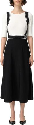 Karl Lagerfeld Kleedjes, Dames, Zwart, L, Elegante Midi Jurk met Kenmerkende Details