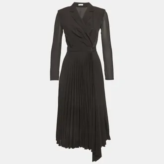 Sandro Black Crepe & Plisse Wrap Style Midi Dress