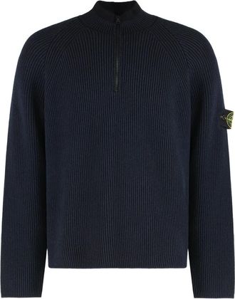 Stone Island Vanis&eacute; Half-zip Trui met Volledige Ribstructuur - Heren - Coltruien - Blauw - 2XL - Katoen - Truien & Vesten
