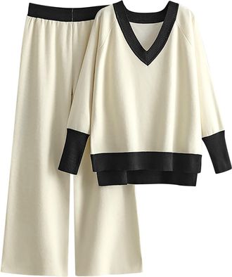 Generic Womens 2 Piece Outfits Autumn and Winter Casual Loose High Collar Knitting Suit Sweater Jumper Long Pants Set Wide Leg Pants Sweater Set Fall Winter S