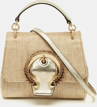 Jimmy Choo London Crystal Madeline Gold Woven Raffia Top Handle Bag