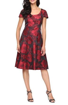 S.L. Fashions Floral Print Jacquard A-Line Midi Dress in Red/Black at Nordstrom Rack, Size 10