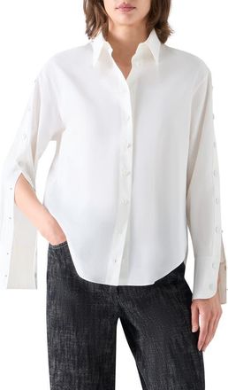 Akris Split Sleeve Cotton Poplin Button-Up Shirt in Cream at Nordstrom, Size 16
