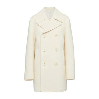 Prada Double-Breasted Coats, female, White, Size: L White Wool Double-Breasted Coat