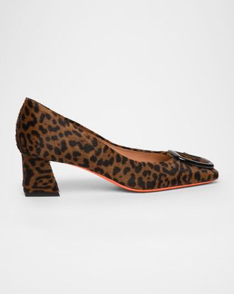 Santoni Leopard Block Heel Buckle Pumps
