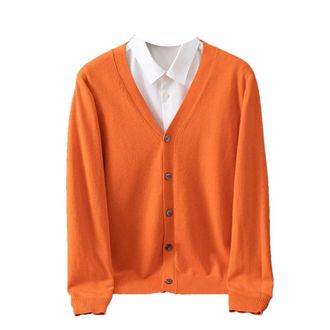 Generic Mens Plus Size Cashmere Cardigan Sweater Solid Color Knitted V-Neck Warm Wool Male Casual Coat Orange
