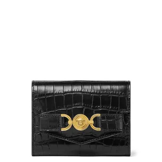 【VERSACE】グレカ ゴッデス フォールディングウォレット/black 美品✨VERSACE ヴェルサーチェ クロコ型押し グレカ ゴッデス 折