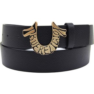 True Religion Shoup Logo Buckle Leather Belt in Black at Nordstrom Rack, Size 34