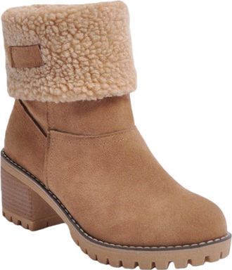 Generic Womens Thick Warm Chunky Heel Boots, Comfortable Slip on Mid Chunky Heel Suede Warm Snow Ankle Boots Outdoor Shoes (Light Brown,4.5)