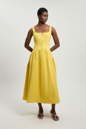 Karen Millen Womens Tailored Cotton Sateen Full Midi Dress - Yellow - Size 10 UK