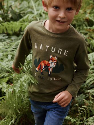 Vertbaudet Tee-shirt motif renard gar&ccedil;on manches longues vert chin&eacute;