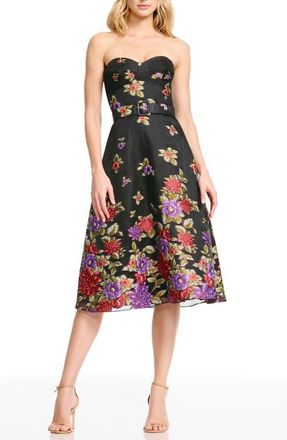 Dress The Population Carlita Belted Floral Strapless Cocktail Dress in Black Multi at Nordstrom, Size Xx-Small