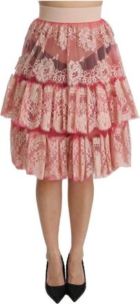 Dolce & Gabbana Roze Kanten Hoge Taille Rok - Dames - Midirokken - Roze - S - Katoen - Rokken