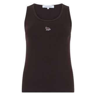 Maison Kitsun&eacute; Sleeveless Tops, female, Brown, Size: XS Cotton Top with Embroidery