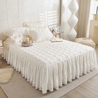 OEM Colcha Acolchada De Algod&oacute;n Brocado Floral Con Falda De Encaje Con Volantes, 180 X 200 X 40 Cm, Color Beige