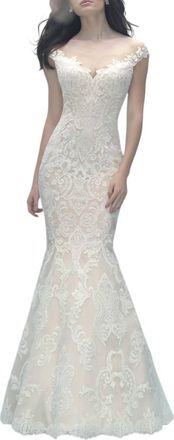 Allure Bridals Off-Shoulder Lace Gown With Detachable Tulle Train In Champagne/ivory/silver