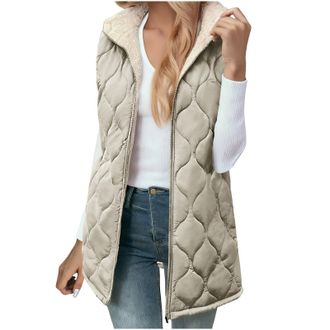Generic Yolimok Women Fleece Lined Gilet Sleeveless Hooded Quilted Jackets Fluffy Vest Outwear Winter Warm Zip up Coat Mid Length Padded Coats Lightweight Bod