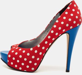 Gina Red/blue Polka Dot Print Canvas Peep Toe Platform Pumps