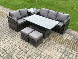 Fimous Outdoor Rattan Garden Furniture Sets Height Adjustable Rising lifting Dining Table Lounge Sofa Set With Side Table in Dark Grey