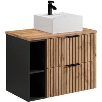 Vente-Unique Mobile per bagno sospeso scanalature nicchie e lavabo da appoggio quadrato L80cm Naturale chiaro - madela