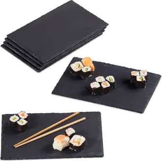 Relaxdays Set De 6 Platos De Pizarra, 26 X 16 Cm, Para Servir Y Escribir, Buffet, Bandeja Piedra Cuadrada, Antracita - Relaxdays