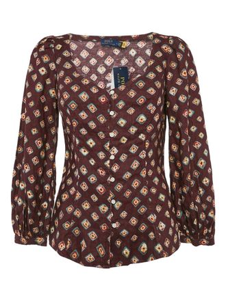 Ralph Lauren geometric-print linen blouse - women - Linen/Flax - 2 - Red