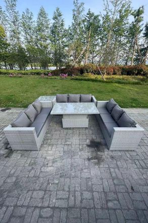 Fimous Lounge Rattan Garden Furniture Set Adjustable Rising Lifting Table Dining Set Side Coffee Table in Light Grey