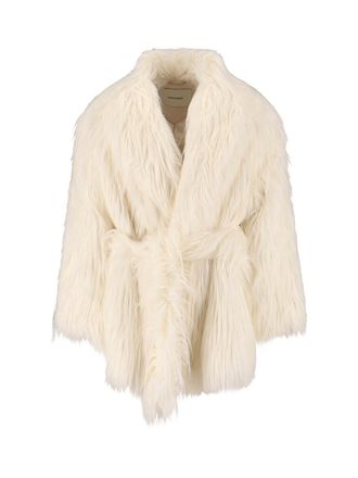 Entire studios Faux Fur Cream Coat with Adjustable Belt