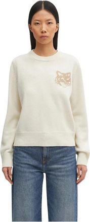 Maison Kitsun&eacute; Fox Head Intarsia Merino Jumper - Dames - Ronde hals truien - Beige - M - Wol - Truien & Vesten