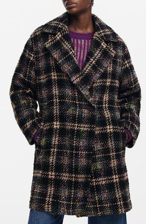 Desigual Corcega Double Breasted Plaid Coat in Black at Nordstrom, Size Medium