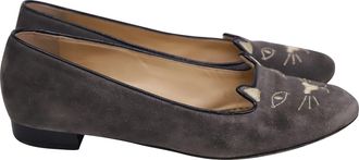 Charlotte Olympia Kitty Embroidered Ballet Flats in Grey Suede