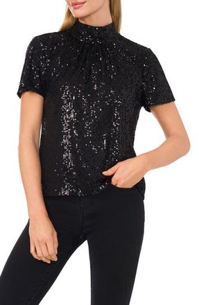 CeCe by Cynthia Steffe Sequin Mock Neck Top in Rich Black at Nordstrom, Size Medium