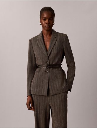 Calvin Klein Womens Herringbone Two-Button Belted Jacket - Black - 10