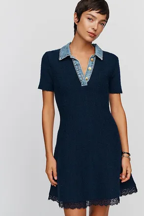 Maeve Knit Denim and Lace Mini Dress