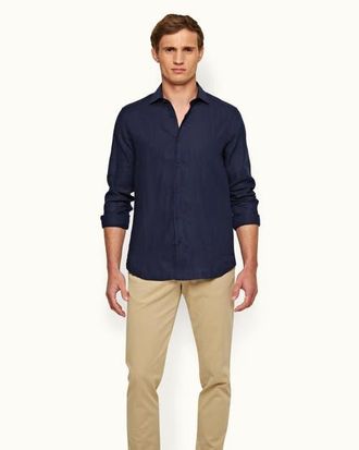 Orlebar Brown Giles Linen Cutaway Collar Tailored Fit Linen Shirt in Navy at Nordstrom, Size Xx-Large L