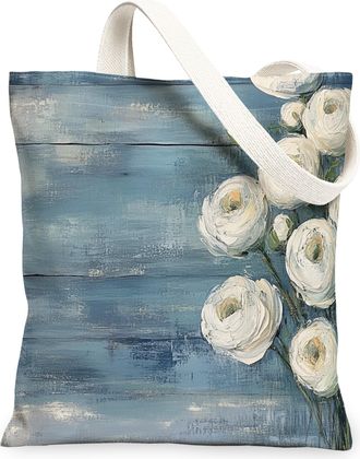Generic Spring Ranunculus Flower Canvas Tote Bag for Shopping 13x15, Farmhouse Rustic Florals Reusable Grocery Print Pattern Bag for Women, Country Beach Aest
