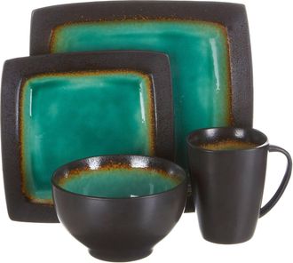 Gibson Ocean Paradise 16 Piece Square Stoneware Dinnerware Set in Jade