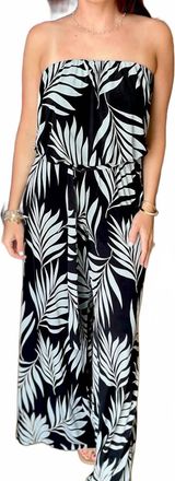 Ariella Strapless Belted Wide Leg Jumpsuit In Soft Aqua/ Black