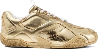 Versace Schoenen, Dames, Geel, 38 EU, Gouden sneakers met Grieks motief