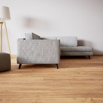 MYCS graues Ecksofa Lyvyn, dicker Stoff, 3-Sitzer mit Holzbeinen, 270 x 78 x 214 cm, konfigurierbar