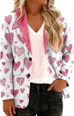 Generic Womens Corduroy Blazer with Heart Print, Long Sleeve Button Front Jacket for Valentines Day, Office & Casual Daily Wear(Light Pink, L)
