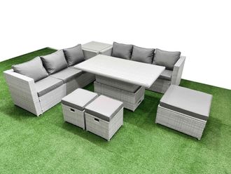 Fimous 7 PCs Rising Dining Table Set Rattan Furniture Set with 3 Seater Sofa in Light Grey