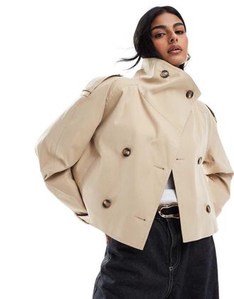 Asos cropped funnel neck trench coat in stone-Neutral