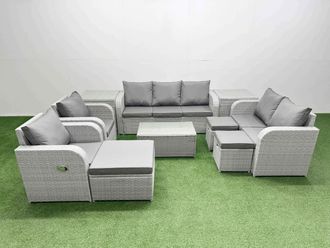 Fimous PE Rattan Garden Furniture Set Adjustable Chair Sofa Double Love Seat 2 Seater Sofa Lounge Set Oblong Coffee Table 3 Stools 2 Side Table Light